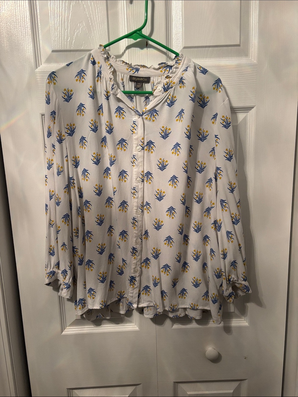 Style & Co White Button-Front Floral Blouse with Blue and Yellow Print